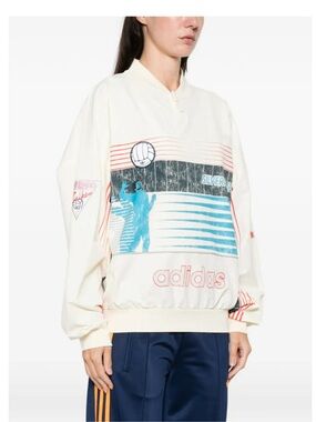 adidas Cream Graphic Henley Sweater with Blue & Red Accents
